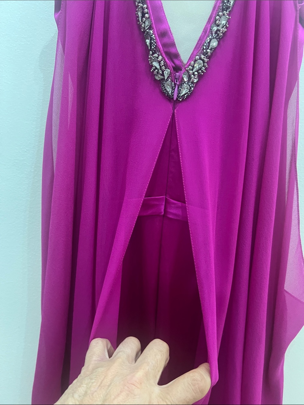 Theia Fuchsia Beaded V-Neck Maxi Gown - Picture 4 of 12